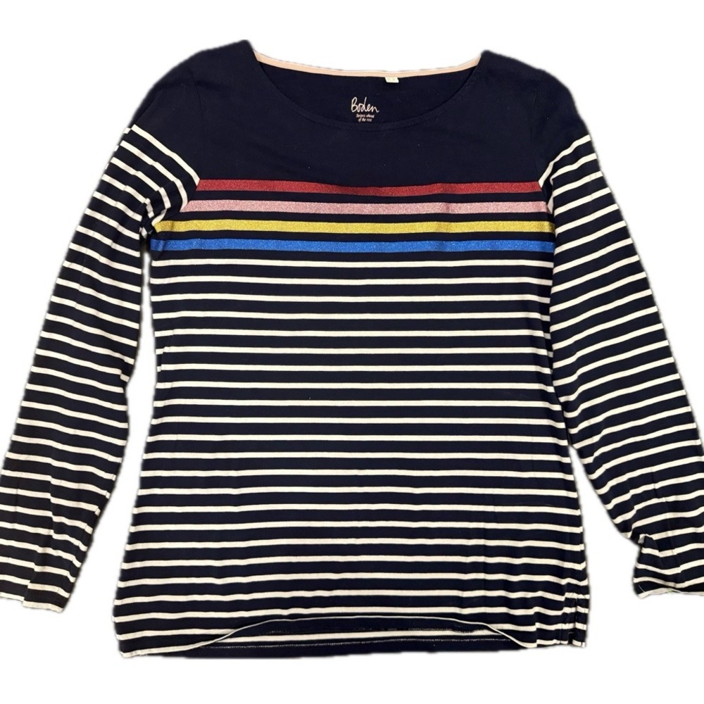 Boden Multicolor Striped Long Sleeve Top Size 8 White Navy Shimmer Rainbow